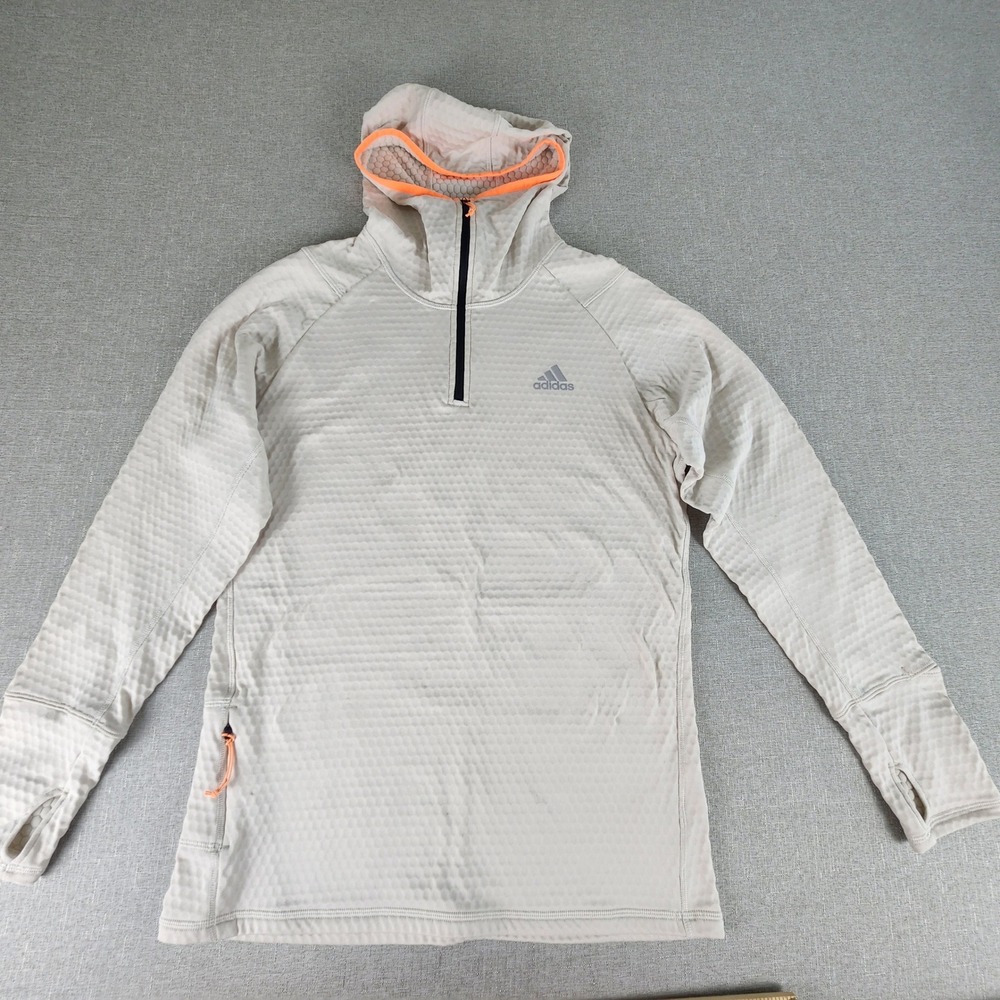 Adidas Terrex Womens Small Beige Honeycomb Fleece 1/4-Zip Hoodie Orange Trim